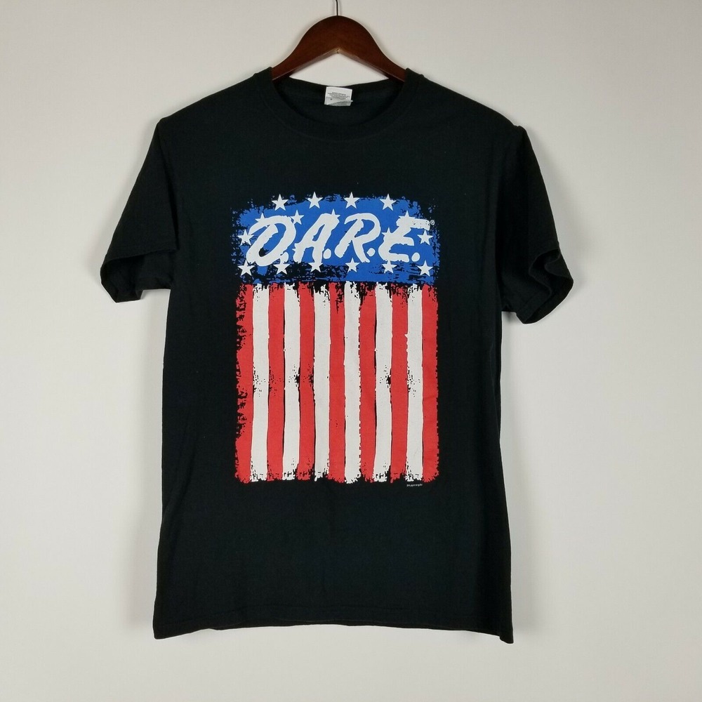 Fruit of the Loom Black T‑Shirt with Red, White & Blue DARE Flag Graphic